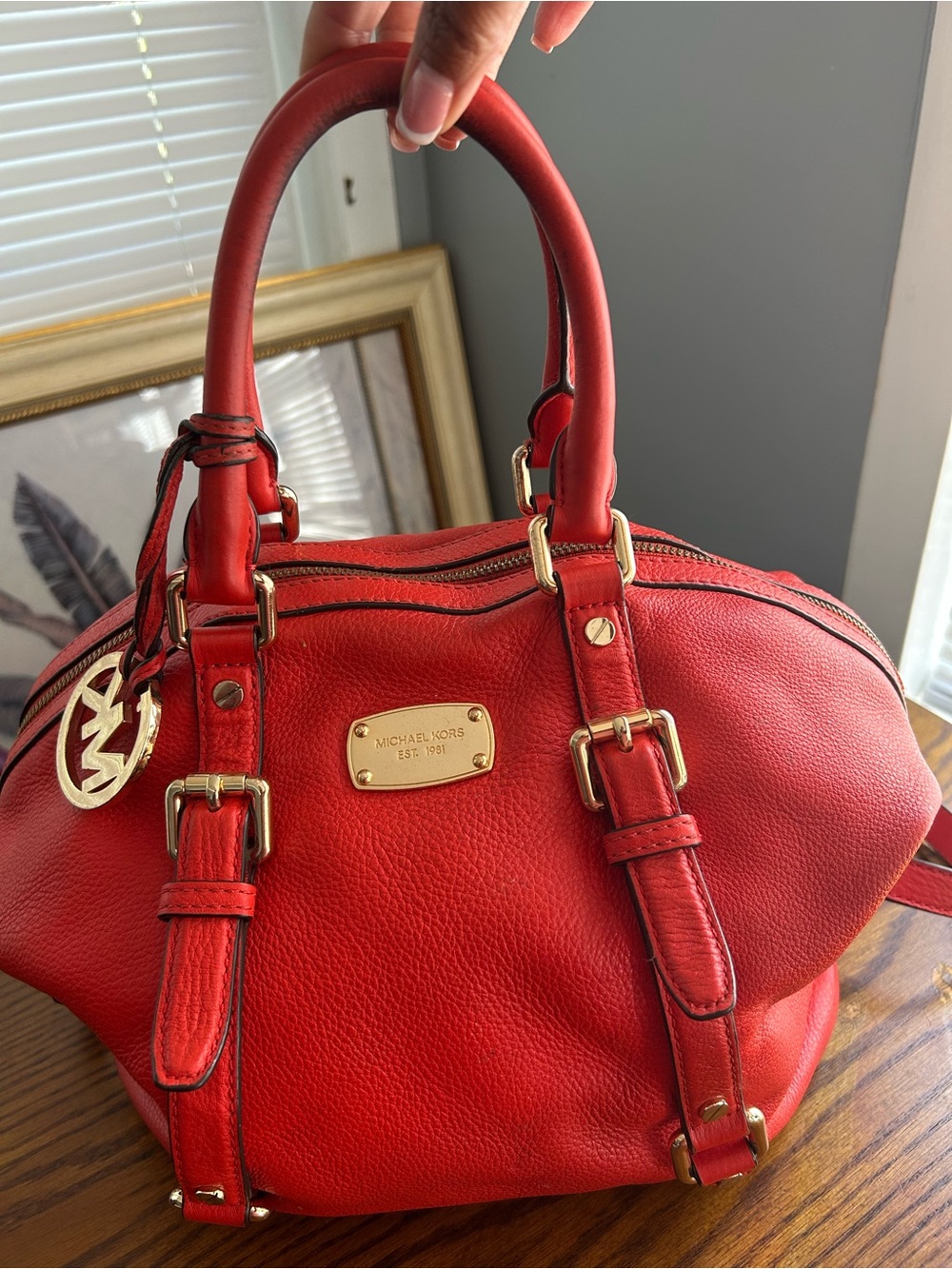 Michael Kors Red Pebbled Leather Satchel with Gold Hardware